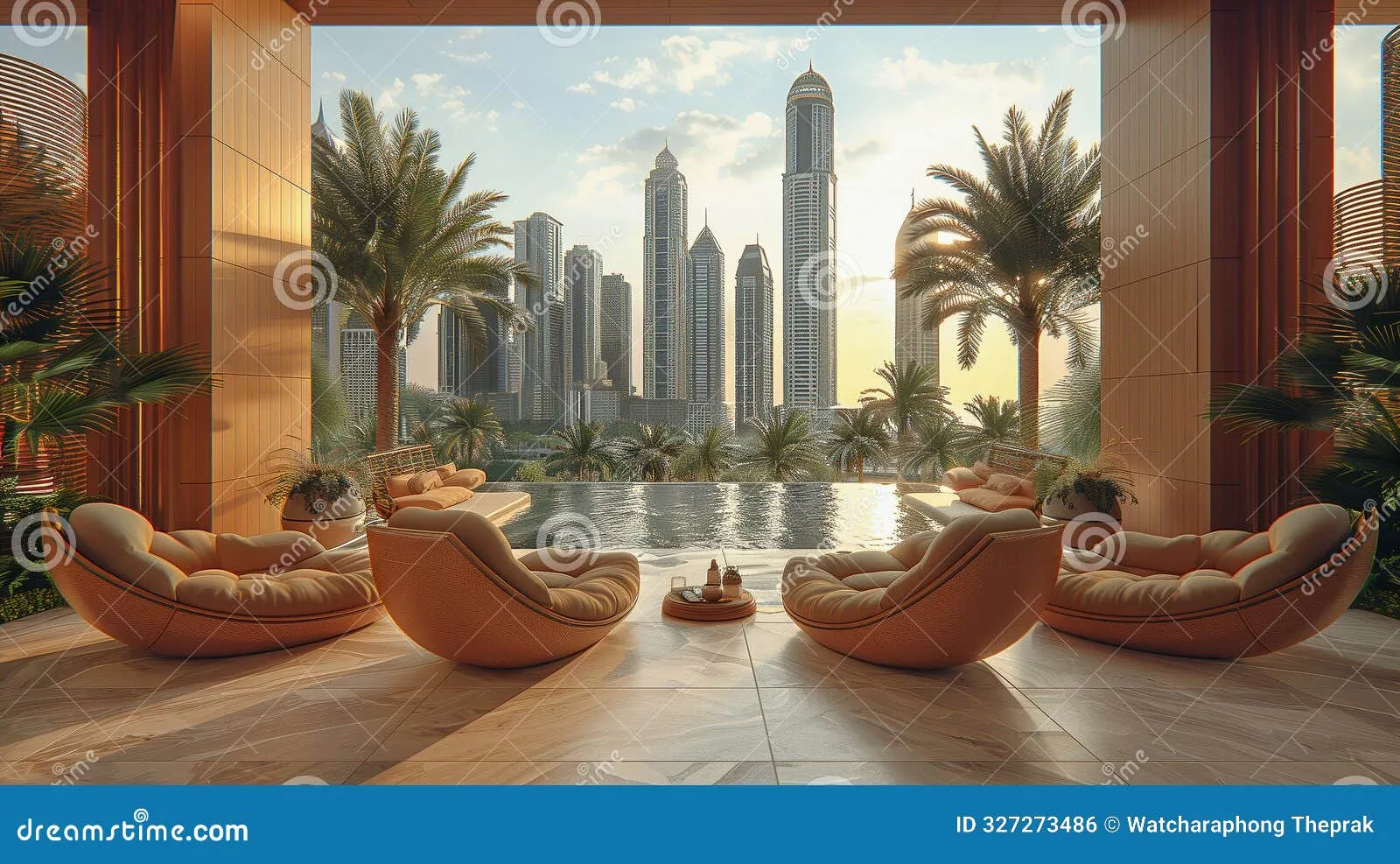 Poolside lounge with plush chairs, umbrellas, and a view of Dubai’s skyline