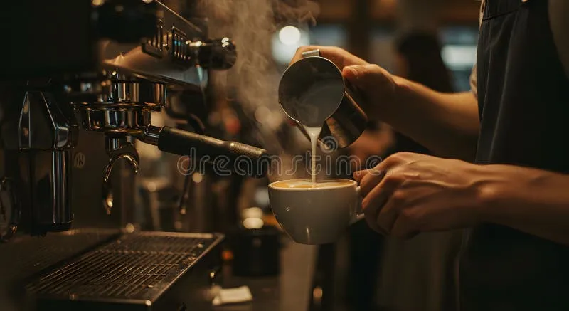 Barista pouring a beautiful swan latte art design in a modern coffee shop in the River Arts District