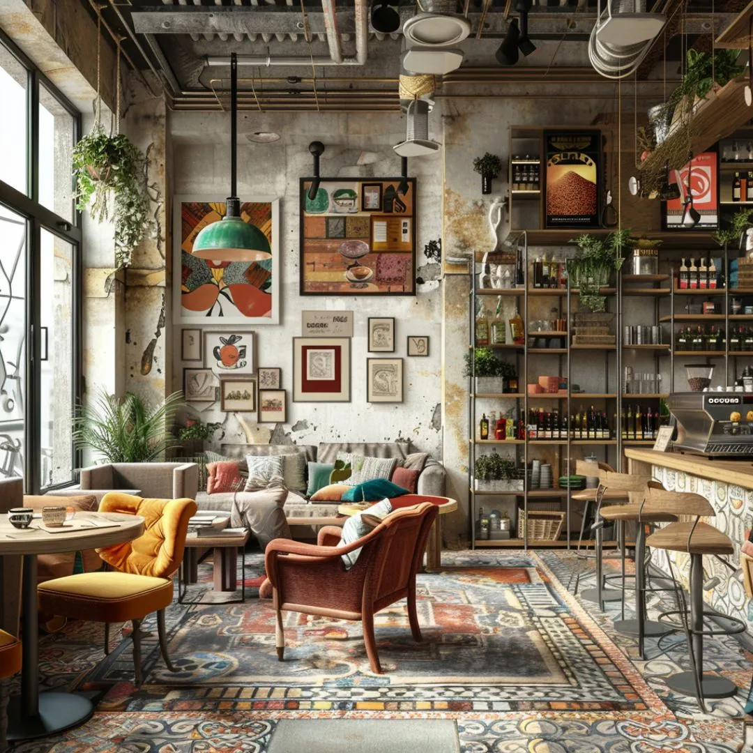 A funky West Asheville coffee house with eclectic decor, vintage couches, and local art on the walls