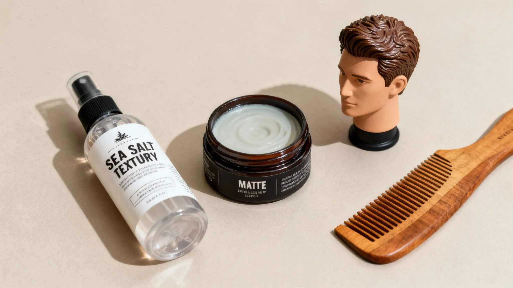 A collection of premium hair styling products, combs, and a blow dryer arranged neatly on a wooden vanity