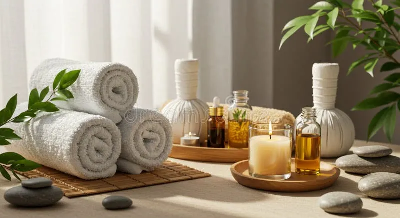 Neatly folded spa robes and towels with relaxing aromatherapy products
